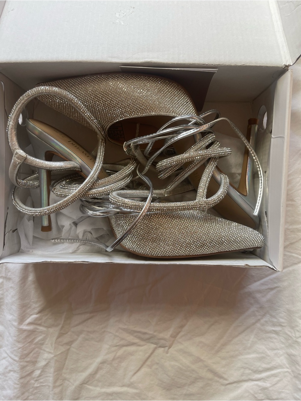 Silver Rhinestone Pointed-Toe Lace-Up Heels - Picture 2 of 3